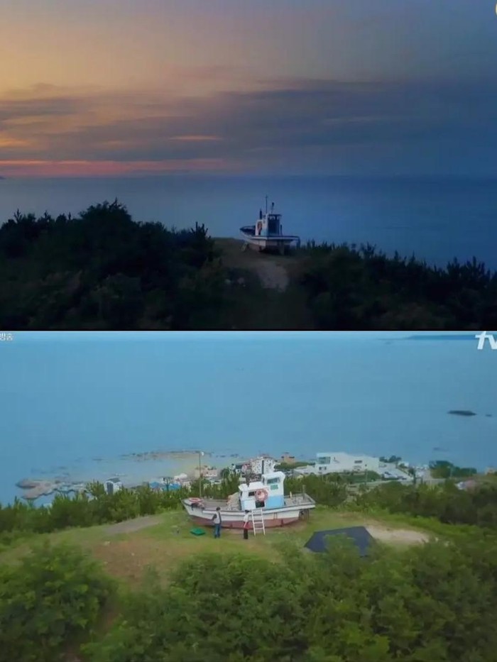 Hye Jin dan Du Sik juga syuting di Sabang Memorial Park (Muk Eun Bong). Mereka berada di atas bukit dengan kapal di puncaknya. Taman ini merupakan tempat wisata populer di Pohang./Foto: instagram.com/kdramalocation