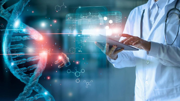 Abstract luminous DNA molecule. Doctor using tablet and check with analysis chromosome DNA genetic of human on virtual interface. Medicine. Medical science and biotechnology.