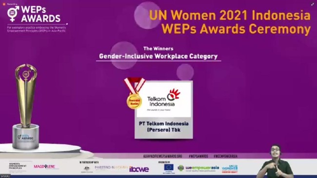 Telkom meraih penghargaan honorable mention pada kategori Gender-Inclusive Workplace dalam ajang Women's Empowerment Principles (WEPs) Awards, Jumat (22/10).