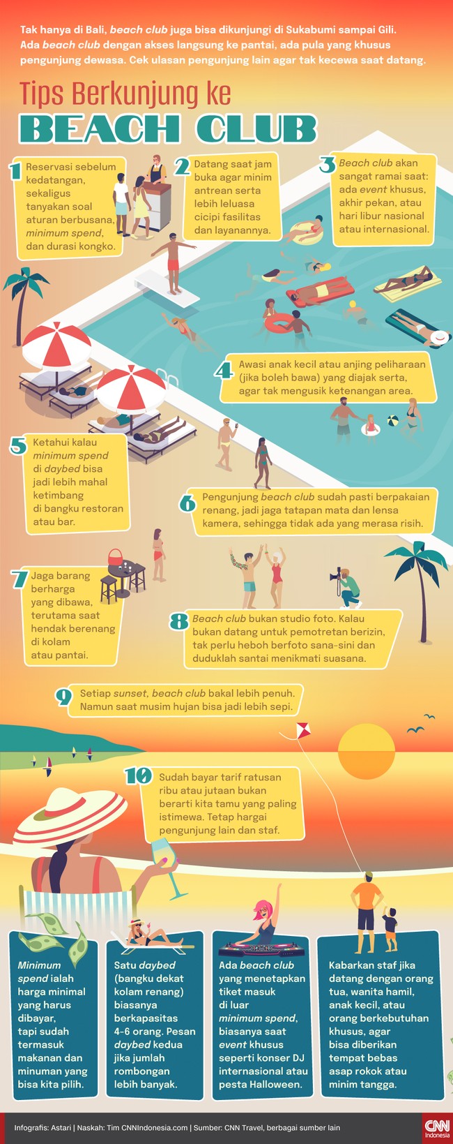 Ada beach club dengan akses langsung ke pantai, ada pula beach club yang khusus pengunjung dewasa.