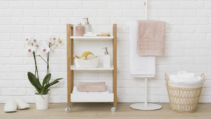 Spa product concept in modern interior with white brick wall
