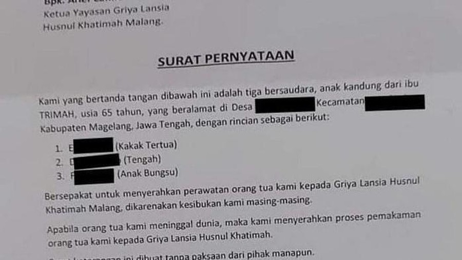 Surat Pernyataan 3 Anak Serah Ibu ke Panti Jompo Malang