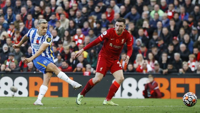 Liverpool ditahan imbang Brighton & Hove Albion pekan ke-10 Liga Inggris yang berlangsung si Stadion Anfield, Sabtu (30/10) malam waktu Indonesia.