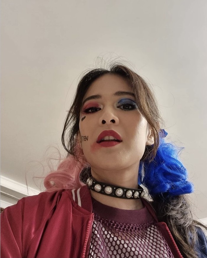 Dian Sastrowardoyo berdandan sebagai Harley Quinn dengan eyeshadow pink dan biru serta rambut dikuncir dua berwarna serupa. Foto: instagram.com/therealdisastr
