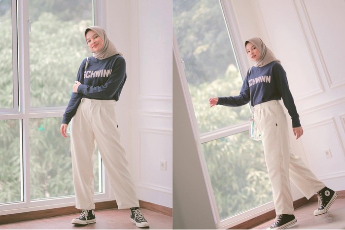 Perpaduan sweatshirt, celana putih, dan sepatu Converse buat look kamu kelihatan casual tapi tetap ceria, cocok banget dipakai pas kuliah offline nanti! Yuk, di capture dulu buat jadi referensi! (Foto: instagram/ananzaprili)