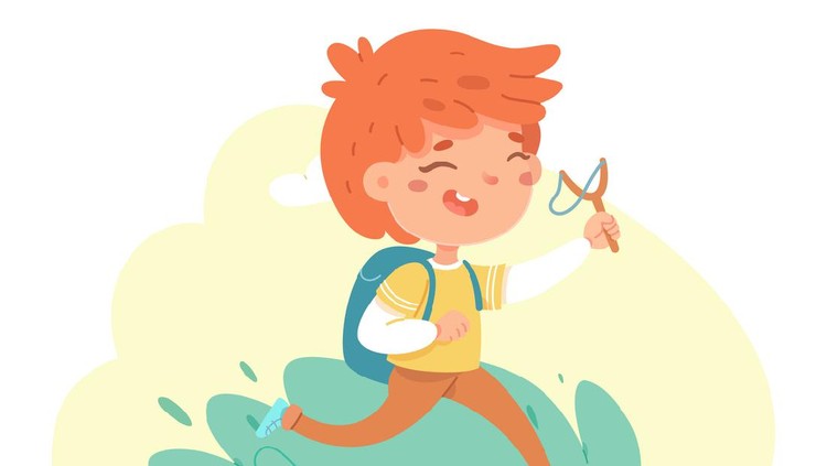 Ilustrasi anak bermain dengan ketapel Ilustrasi anak bermain dengan ketapel