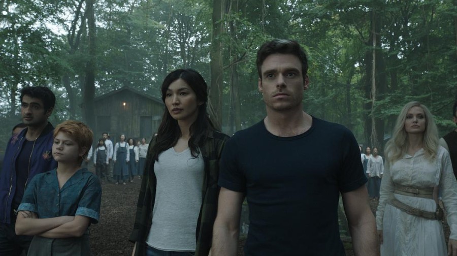 (L-R): Dane Whitman (Kit Harington) and Sersi (Gemma Chan) in Marvel Studios' ETERNALS. Photo courtesy of Marvel Studios. ©Marvel Studios 2021. All Rights Reserved.