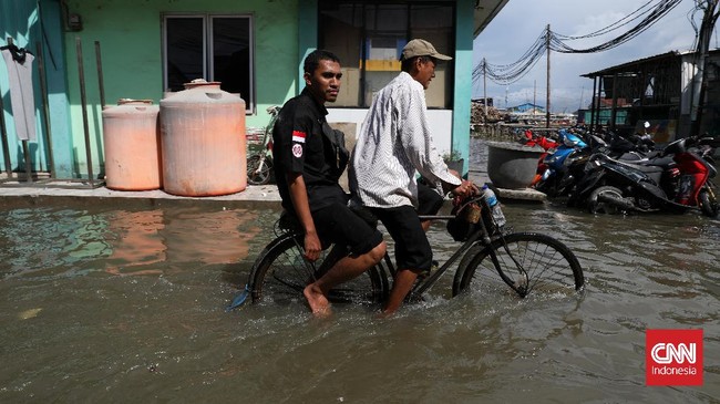 Pantauan CNNIndonesia.com, banjir rob air laut di Muara Baru menutupi batas antara dermaga Kali Adem dengan kawasan permukiman.