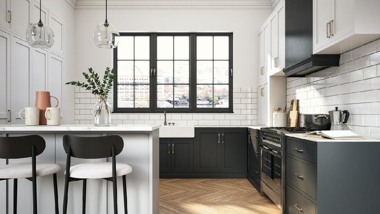 dapur Interior design of elegant kitchen with black and white elements- 3d render