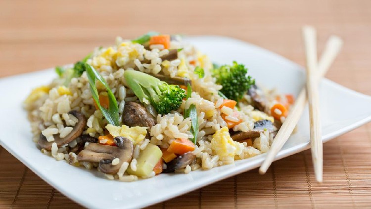 Vegetable Fried Rice with carrots, broccoli, mushrooms and green onions.