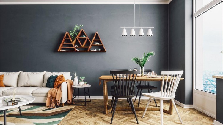 Ilustrasi ruang makan Scandinavian style living and dining room.
