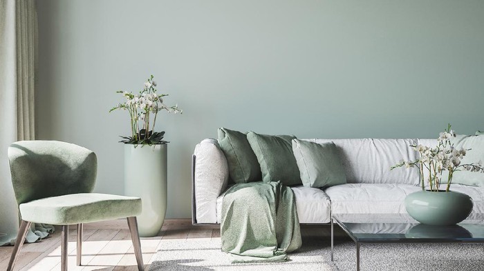 living room interior mock up, modern furniture and trendy home accessories, on colored background