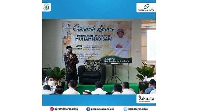 Perumda Pembangunan Sarana Jaya menggelar peringatan Maulid Nabi Muhammad, diikuti ceramah agama di Gedung Sarana Jaya, Jakarta, pada Rabu (17/11).
