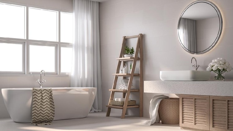 Modern contemporary style bathroom 3d render, With beige tile walls, black and white pattern floor,Decorate with wooden shelves and cabinet,The rooms have large windows, Natural light shines inside.