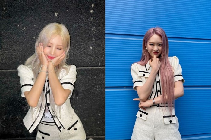 Chaeryeong ITZY dan Soyeon (G)I-DLE pernah terlihat tampil dengan setelan yang sama dari brand O!Oi. Setelan jacket dan mini skirt tersebut masing-masing dibandrol seharga USD 175 atau Rp2,5 juta dan USD 85 atau Rp1,2 juta. (Foto: Instagram/tiny.pretty/jihoa_f)
