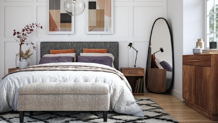 Bedroom interior with wooden furniture, 3d render