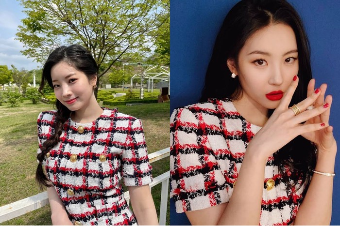 Sementara Dahyun TWICE dan Sunmi juga pernah tampil kembaran mengenakan tweed dress dari Balmain. Outfit bernuansa merah putih ini memiliki harga USD 2400 atau berkisar Rp34 juta, lho. (Foto: Instagram/twicetagram/miyayeah)