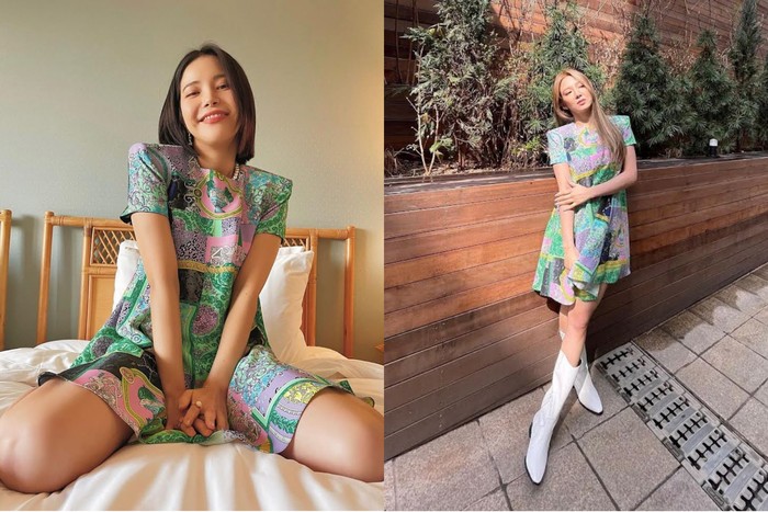Tampil kasual, Solar MAMAMOO dan Hyoyeon SNSD sama-sama mengenakan printed dress dari Versace dalam kesempatan yang berbeda. Tak tanggung-tanggung, harga dress unik ini dibanderol USD 1825 atau Rp25,9 juta. (Foto: Instagram/solarkeem/hyoyeon_x_x)