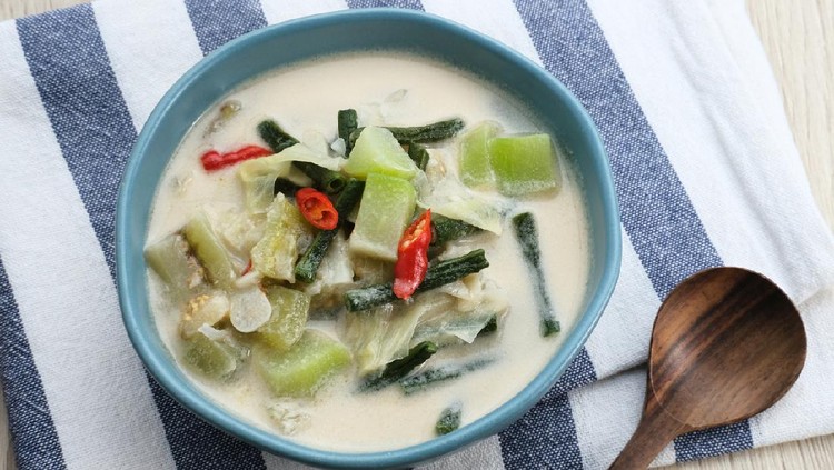 Sayur Lodeh or vegetable soup with coconut milk, delicious of traditional indonesian food. Consists of chayote, long beans, eggplant, cabbage and coconut milk. Served in bowl, close up.