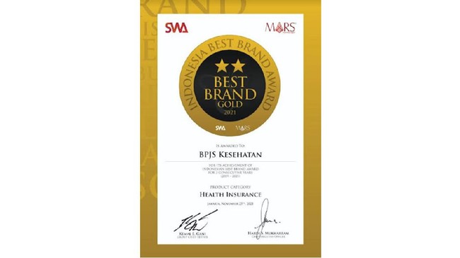 BPJS Kesehatan meraih penghargaan Indonesia Best Brand Award 2021 Kategori Asuransi Kesehatan karena berhasil mempertahankan brand image di tengah pandemi.