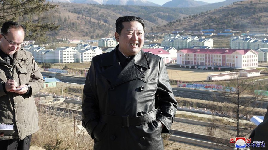 This undated photo provided on Nov. 16, 2021, by the North Korean government, North Korean leader Kim Jong Un inspects the construction site of Samjiyon city development project in Ryanggang province, North Korea. Independent journalists were not given access to cover the event depicted in this image distributed by the North Korean government. The content of this image is as provided and cannot be independently verified. Korean language watermark on image as provided by source reads: 