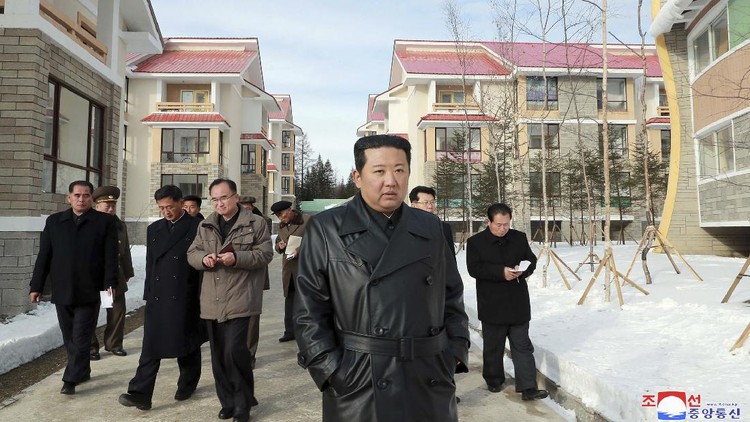 This undated photo provided on Nov. 16, 2021, by the North Korean government, North Korean leader Kim Jong Un inspects the construction site of Samjiyon city development project in Ryanggang province, North Korea. Independent journalists were not given access to cover the event depicted in this image distributed by the North Korean government. The content of this image is as provided and cannot be independently verified. Korean language watermark on image as provided by source reads: 