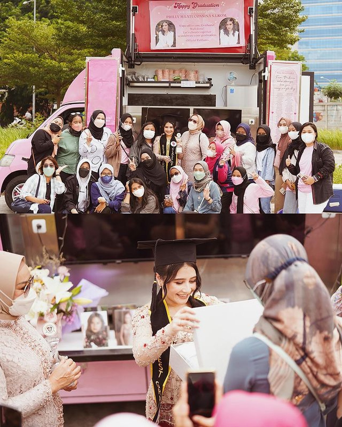 Prilly Latuconsina mendapat banyak kejutan saat merayakan hari wisudanya&comma; para penggemar mengiriminya truk makanan&period; Yuk intip momennya&excl;