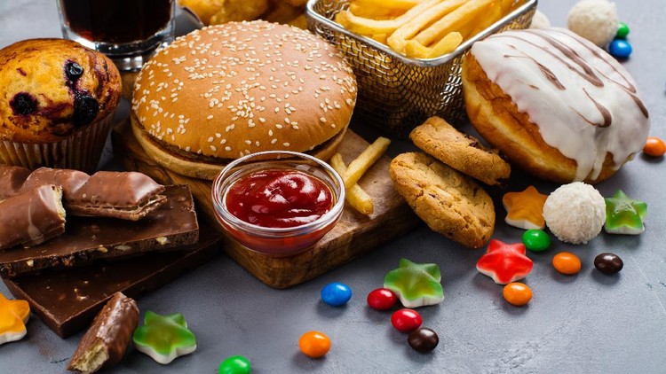 844466808 Assortment of unhealthy products that's bad for figure, skin, heart and teeth. Fast carbohydrates food. Space for text