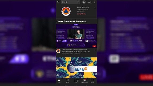 Akun YouTube BNPB diduga diretas sehingga menjadi akun aset kripto Ethereum.