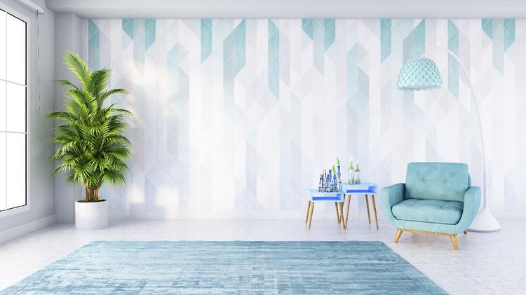 Modern Living Room with Blue Armchair Cabinet and Lamp . 3d Render