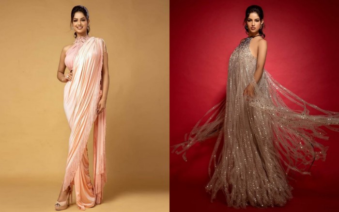 Memilih outfit dengan warna yang soft untuk hari keempat, Harnaaz mengenakan saree India berwarna salem. Untuk agenda malam, ia tampil cantik dengan evening dress silver berdetail rumbai yang melekat indah di tubuhnya. (Foto: Instagram.com/Harnaazsandhu_03)