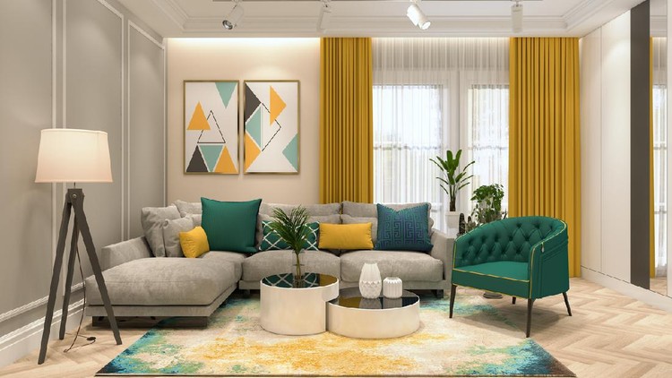 ilustrasi ruang tamu Render of Modern Living Room