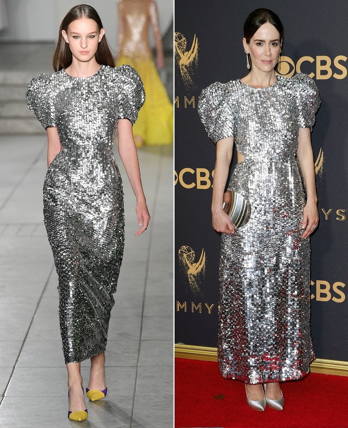 Berjalan di Emmy Award red carpet Sarah Paulson mengenakan glitter dress dengan potongan puff sleeve dari Carolina Herrera/Foto: Getty Images, Shutterstock