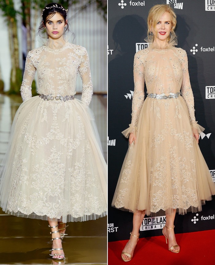 Gaun Zuhair Murad yang dikenakan oleh Sara Sampaio saat peragaan koleksi haute couture musim gugur 2017, juga dipakai oleh Nicole Kidman/Foto: Getty Images, Shutterstock