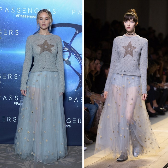 Jennifer Lawrence tampil chic dengan padanan knitted jumper dan ball gown saat menghadiri premiere film 'Passengers'/Foto: Getty Images, Shutterstock