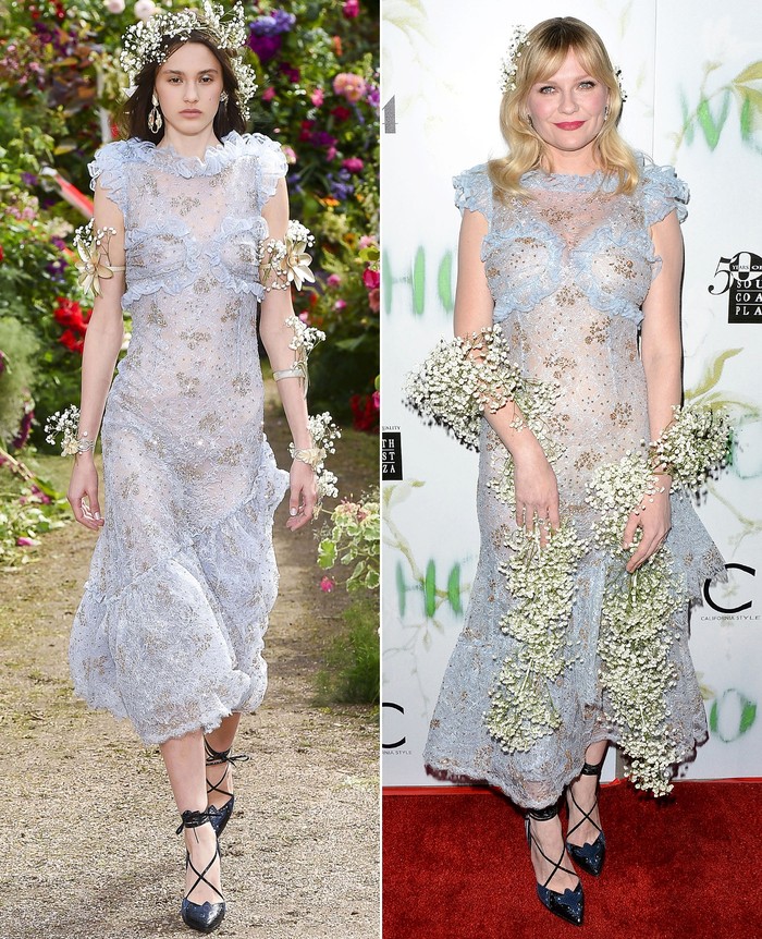 Kirsten Dunst mengenakan dress dengan aksen bunga berwarna biru dari Rodarte saat menghadiri premiere film Woodshock/ Foto: Getty Image, Shutterstock