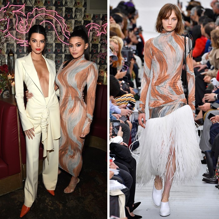 Kylie Jenner memakai gaun Céline yang pertama kali dikenakan oleh Fran Summers di pertunjukan terakhir Phoebe Philo untuk rumah mode tersebut/Foto: Getty Images, Shutterstock