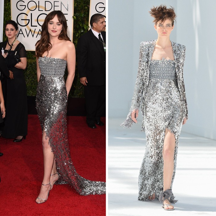 Pesona Dakota Johnson saat menggunakan metalic dress dari Chanel. Heels berwarna senada menyempurnakan penampilannya/Foto: Getty Images, Shutterstock