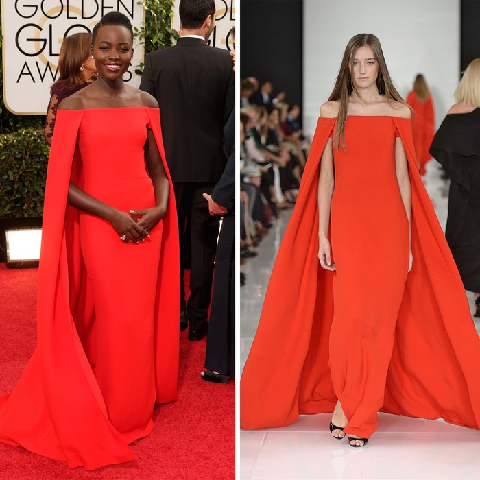 Gaun merah cape rancangan Ralph Lauren yang dikenakan oleh Lupita Nyong'o ini menjadi salah satu tampilan red capet paling ikonis/Foto: Getty Images, Shutterstock