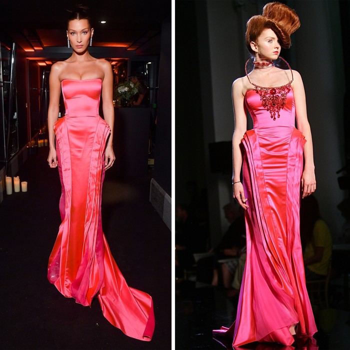 Bella Hadid terlihat stunning dalam gaun Jean Paul Gaultier berwarna pink yang juga pernah digunakan Lily Cole di fashion show.