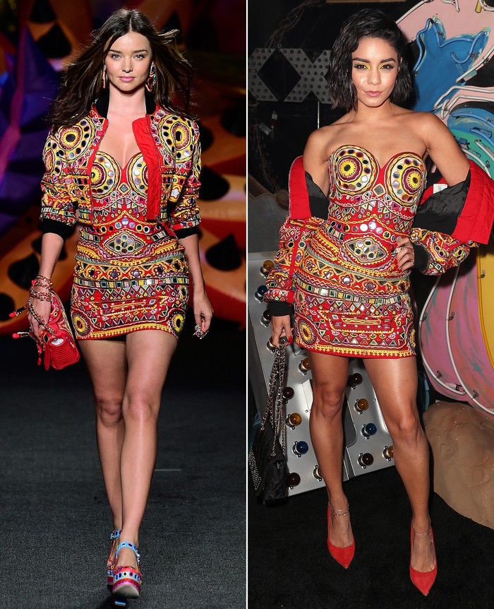 Vanessa Hudgens mengenakan highly embellished dress dan matching bomber jacket dari Moschino yang pernah digunakan oleh Miranda Kerr/Foto: Getty Images, Shutterstock
