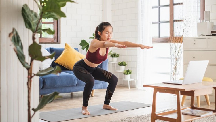 Young Asian healthy woman workout at home, exercise, fit, doing yoga, home fitness concept