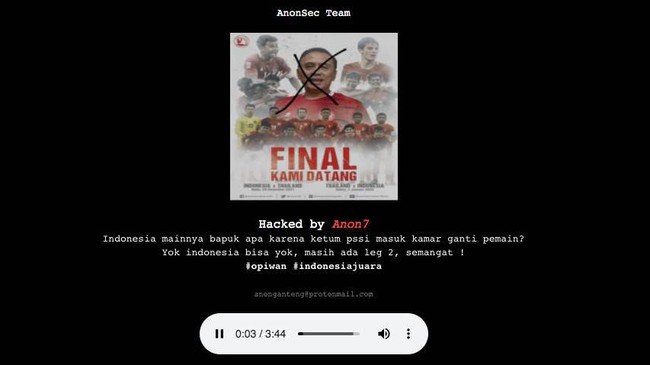 Situs PSSI.org atau diretas usai Timnas Indonesia kalah 0-4 dari Thailand di final Piala AFF 2020 (Piala AFF 2021), Rabu (29/12) malam WIB.