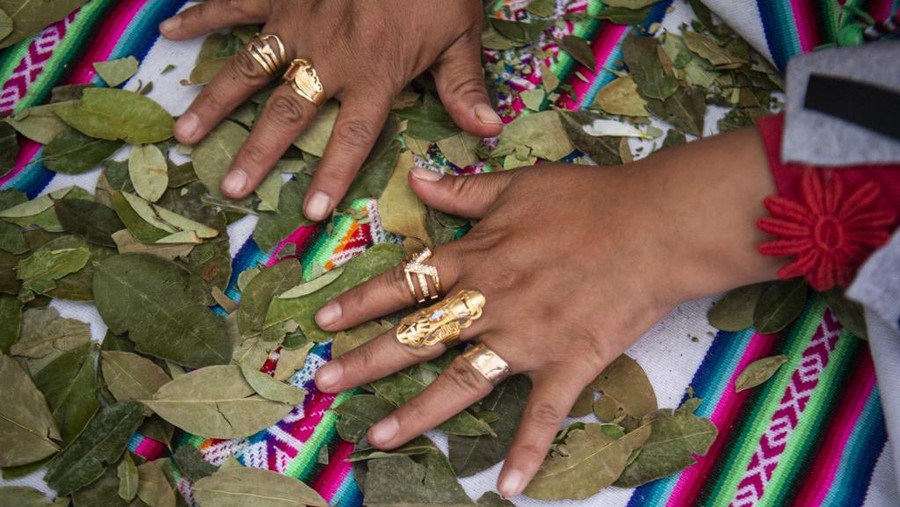 Ritual dukun di Peru A shaman reads coca leaves as she performs a ritual of predictions at the Wishes Market in Lima, on December 28, 2021. - With flowering baths and pinata-burning of the most hated politicians such as Peruvian President Pedro Castillo and Venezuelan Nicolas Maduro, Peruvians will receive the year 2022. (Photo by ERNESTO BENAVIDES / AFP)