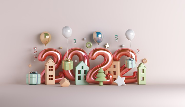 Happy new year 2022 decoration background with house building, balloon gift box, 3D rendering illustration