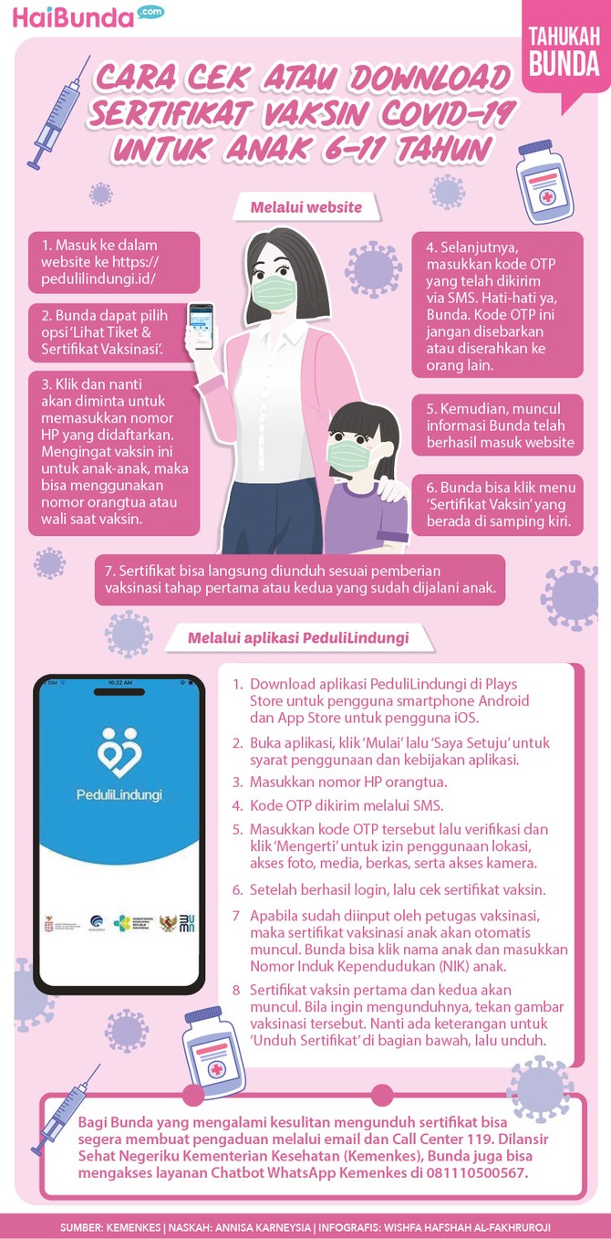 Infografis Cara Cek atau Download Sertifikat Vaksin COVID-19 untuk Anak 6-11 Tahun