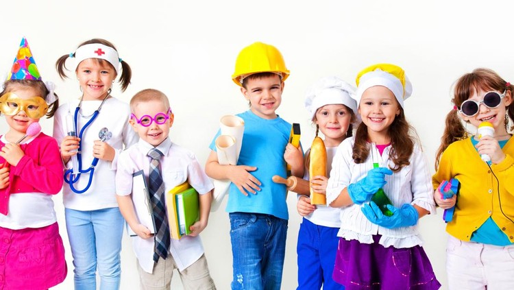 Group of seven children dressing up as professions