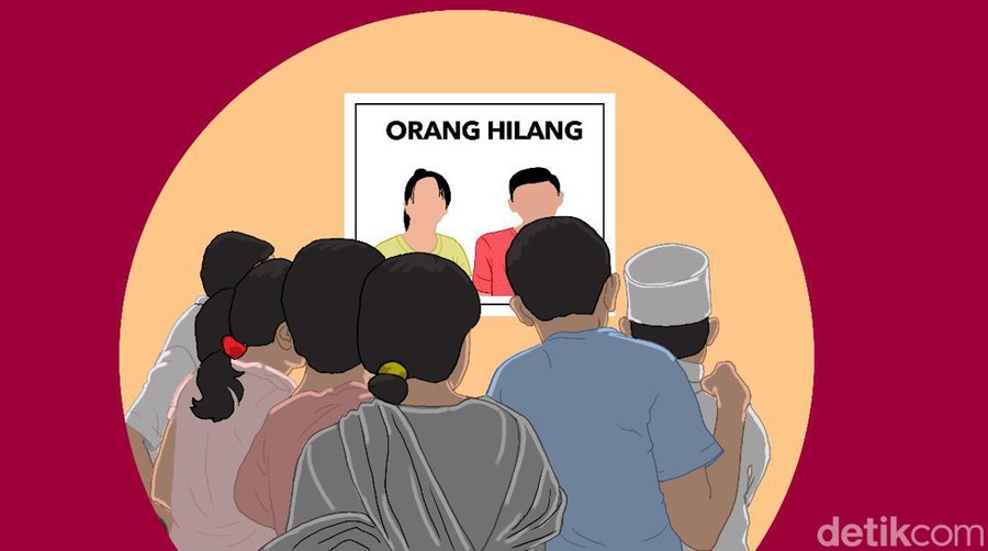 Ilustrasi beberapa orang dalam keluarga mencari anaknya yang hilang.