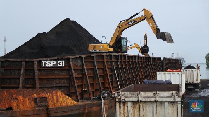 Pekerja melakukan bongkar muat batubara di Terminal Tanjung Priok, Jakarta, Kamis (6/1/2022). Pemerintah memutuskan untuk menyetop ekspor batu bara pada 1–31 Januari 2022 guna menjamin terpenuhinya pasokan komoditas tersebut untuk pembangkit listrik tenaga uap (PLTU) milik PLN dan independent power producer (IPP) dalam negeri. Kurangnya pasokan batubara dalam negeri ini akan berdampak kepada lebih dari 10 juta pelanggan PLN, mulai dari masyarakat umum hingga industri, di wilayah Jawa, Madura, Bali (Jamali) dan non-Jamali. (CNBC Indonesia/ Tri Susilo)