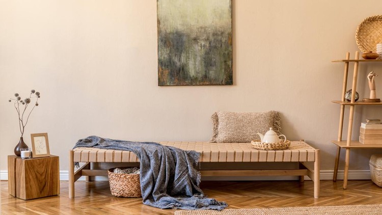 ruang tamu tanpa sofa Stylish boho interior of living room with design chaise longue, and elegant personal accessories. Modern home decor. Template. Wabi sabi conepts.